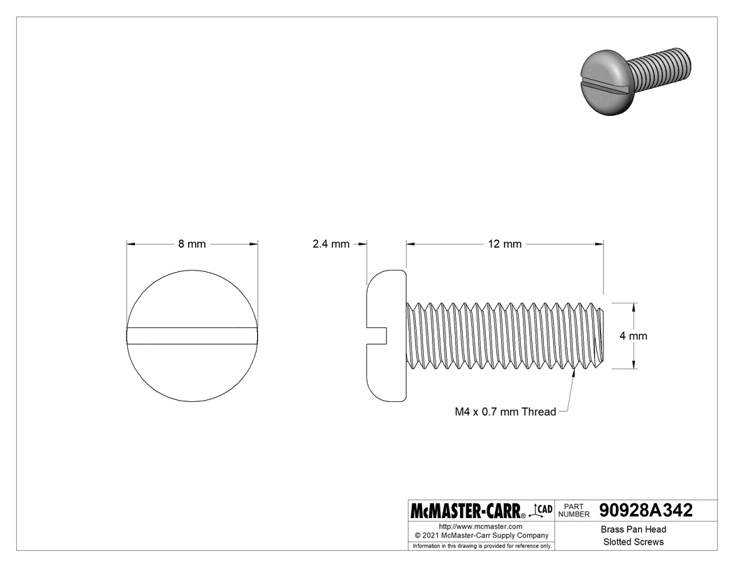 Technical Drawing of Brass Pan Head Slotted Screws, M4 x 0.7mm Thread, 12mm Long.